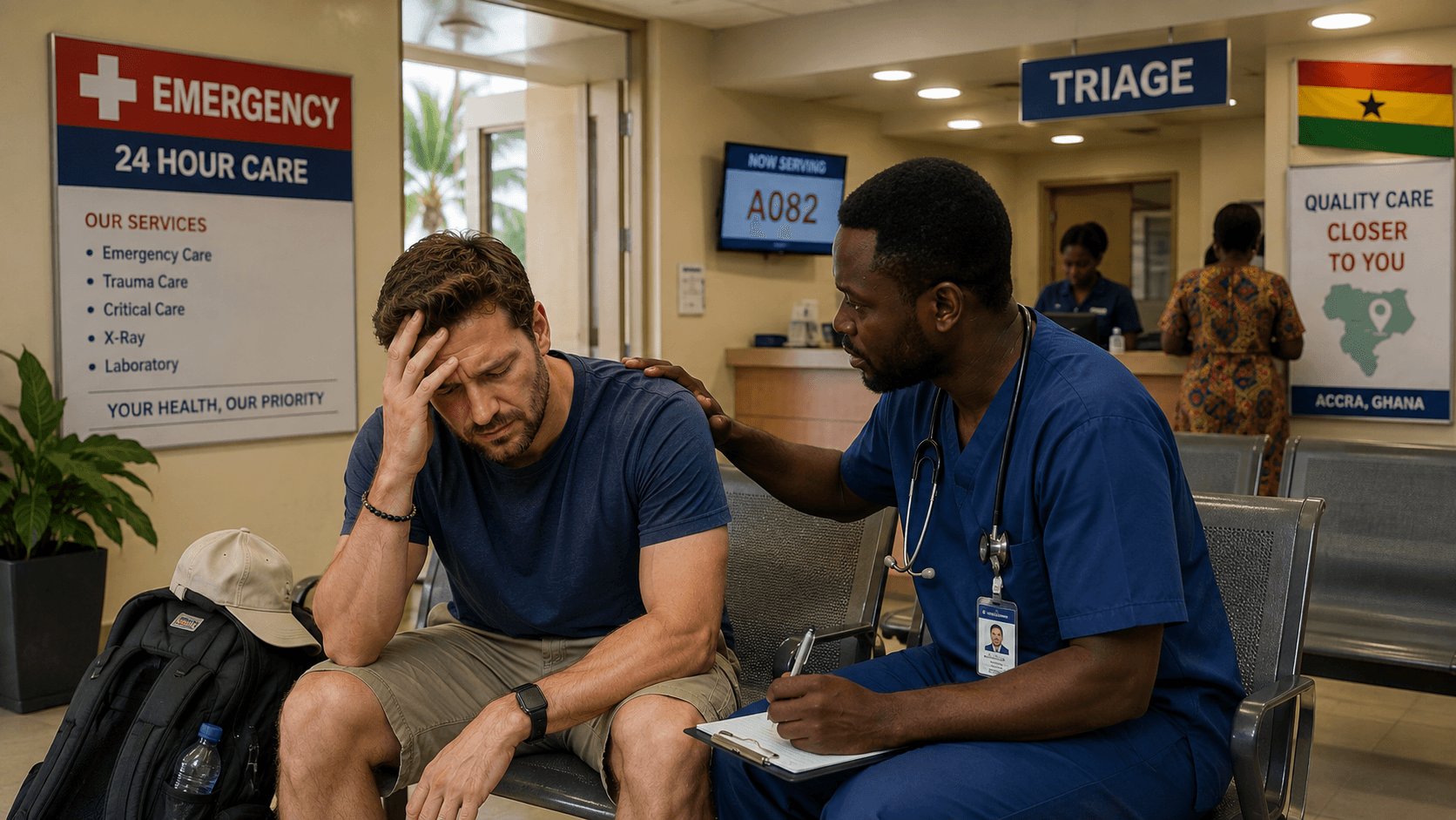 A traveller being attended to by a Ghanaian doctor
