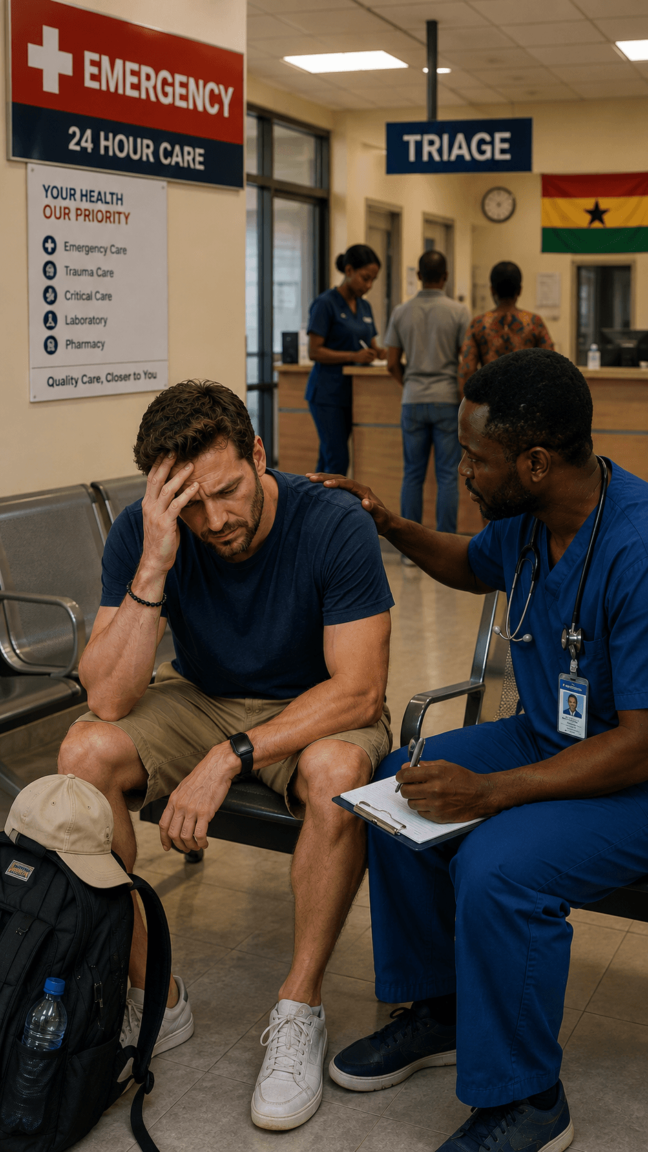 A traveller being attended to by a Ghanaian doctor